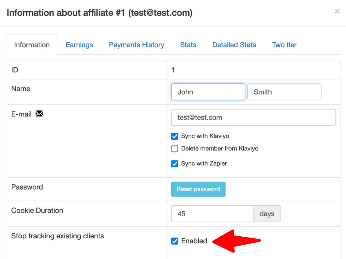 checkbox on affiliate to disable tracking existing clients