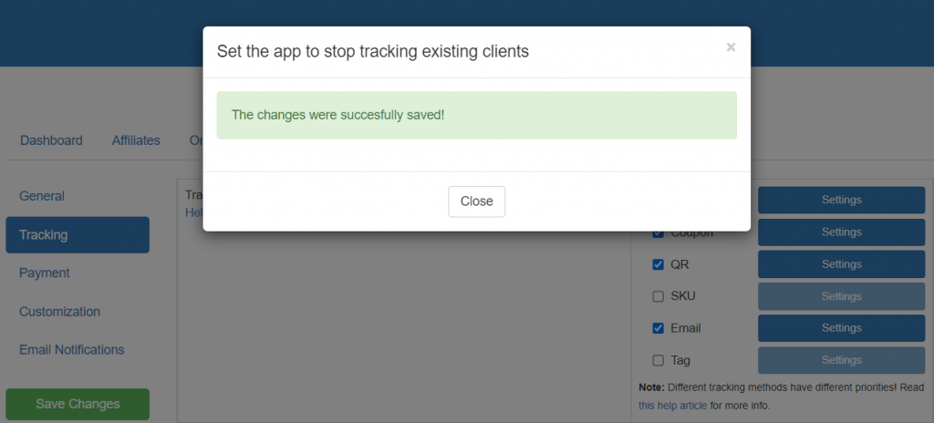 stop tracking existing clients saved