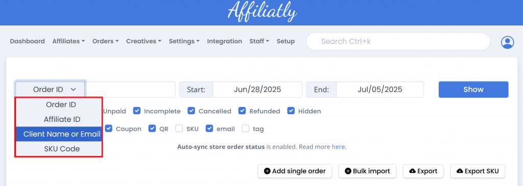orders filter sku and client