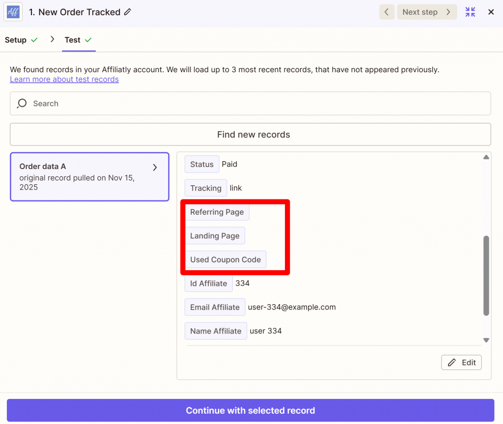 zapier new order tracked new fields