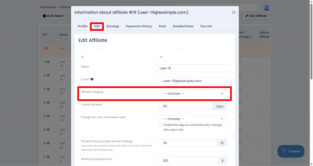 affiliate categories edit affiliate set category