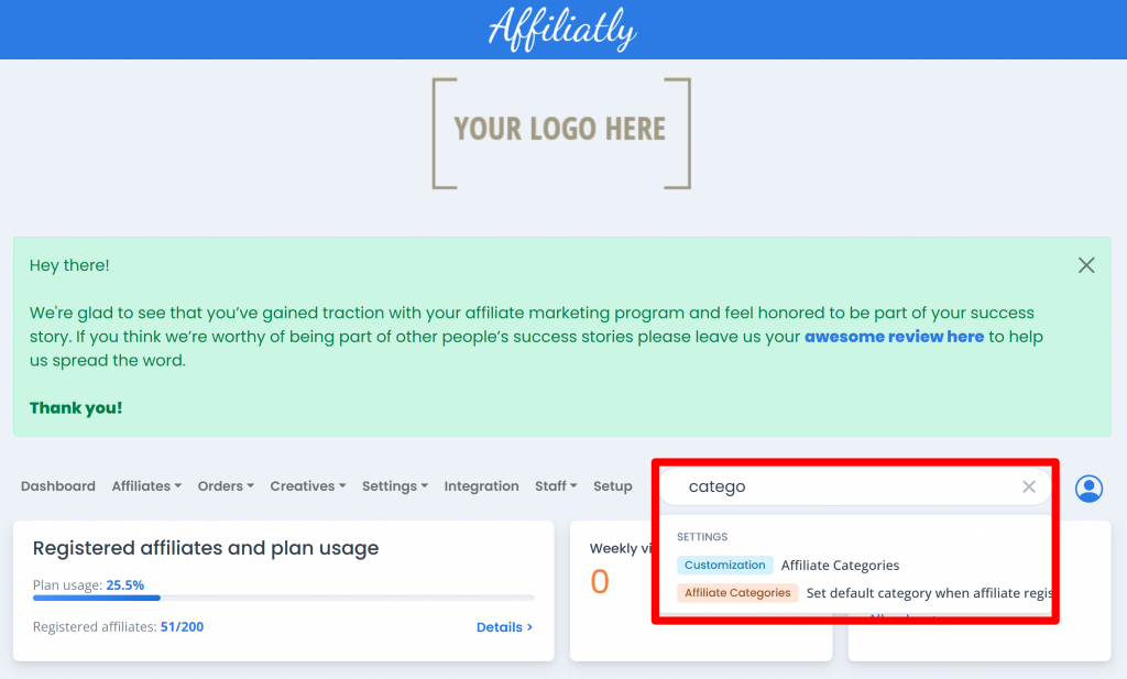 affiliate categories from search bar